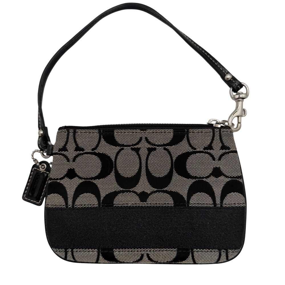 Coach Signature Jacquard Wristlet Black Canvas Leather Trim Pouch Bag